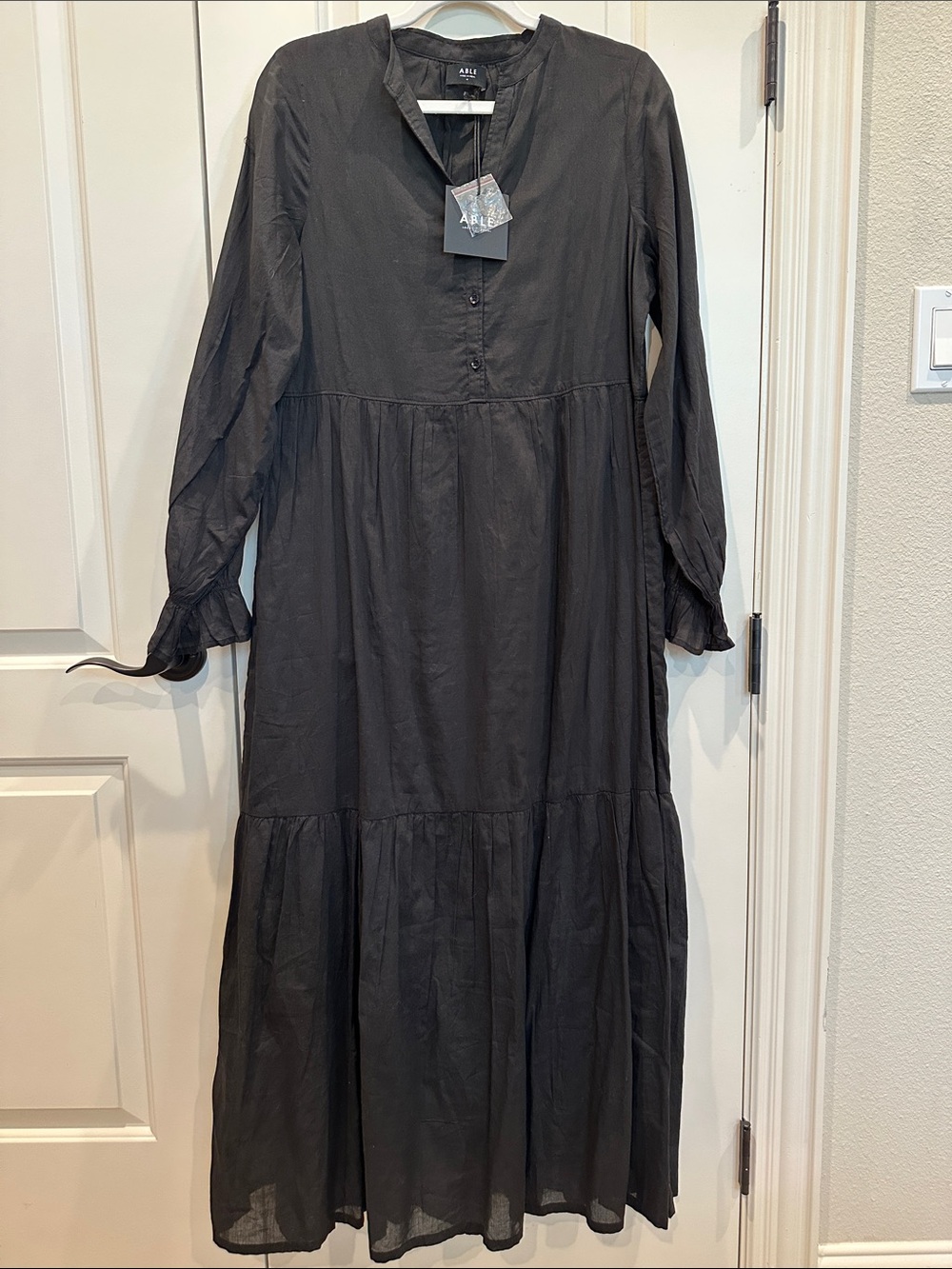 Able the Label Jane Black Long-Sleeve Tiered Maxi Dress, Medium, Brand NWT